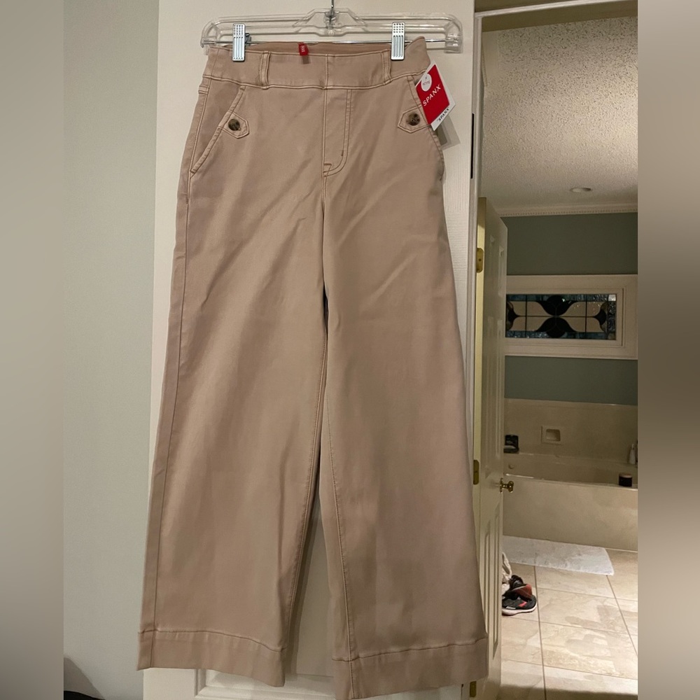 pale pink stretch twill wide leg cropped spanx